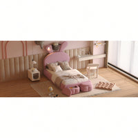 Twin Size Upholstered Platform Bed With Cartoon Ears Headboard And Built-In Light Beige