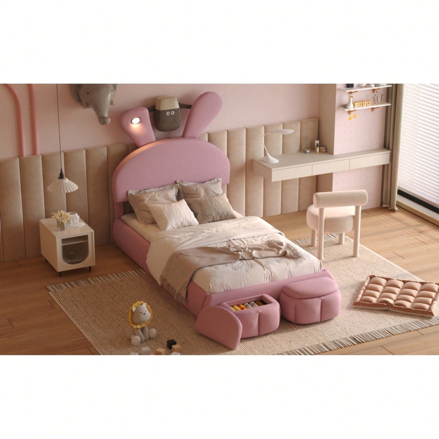 Twin Size Upholstered Platform Bed With Cartoon Ears Headboard And Built-In Light Beige