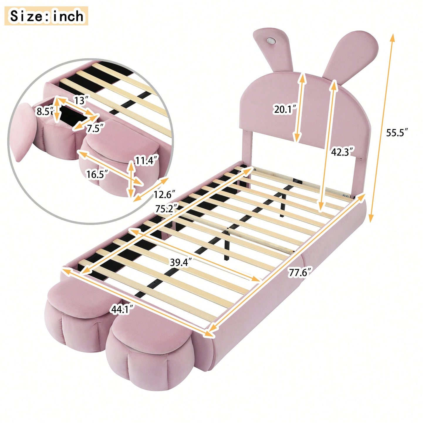 Twin Size Upholstered Platform Bed With Cartoon Ears Headboard And Built-In Light Beige