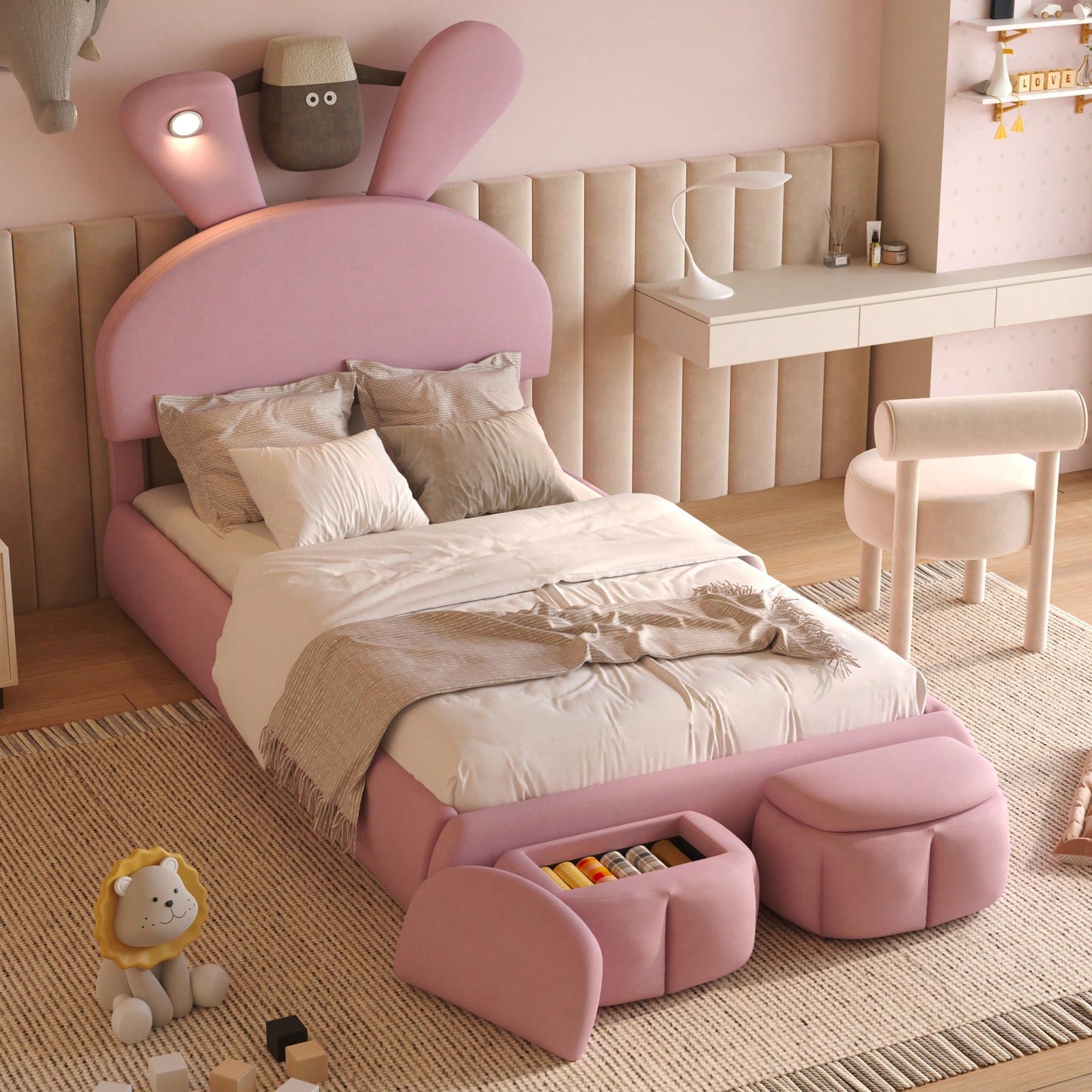 Twin Size Upholstered Platform Bed With Cartoon Ears Headboard And Built-In Light Beige