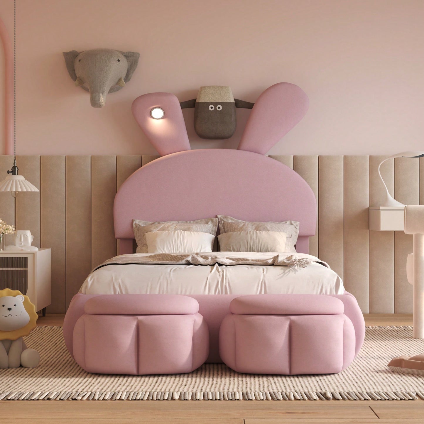 Twin Size Upholstered Platform Bed With Cartoon Ears Headboard And Built-In Light Beige