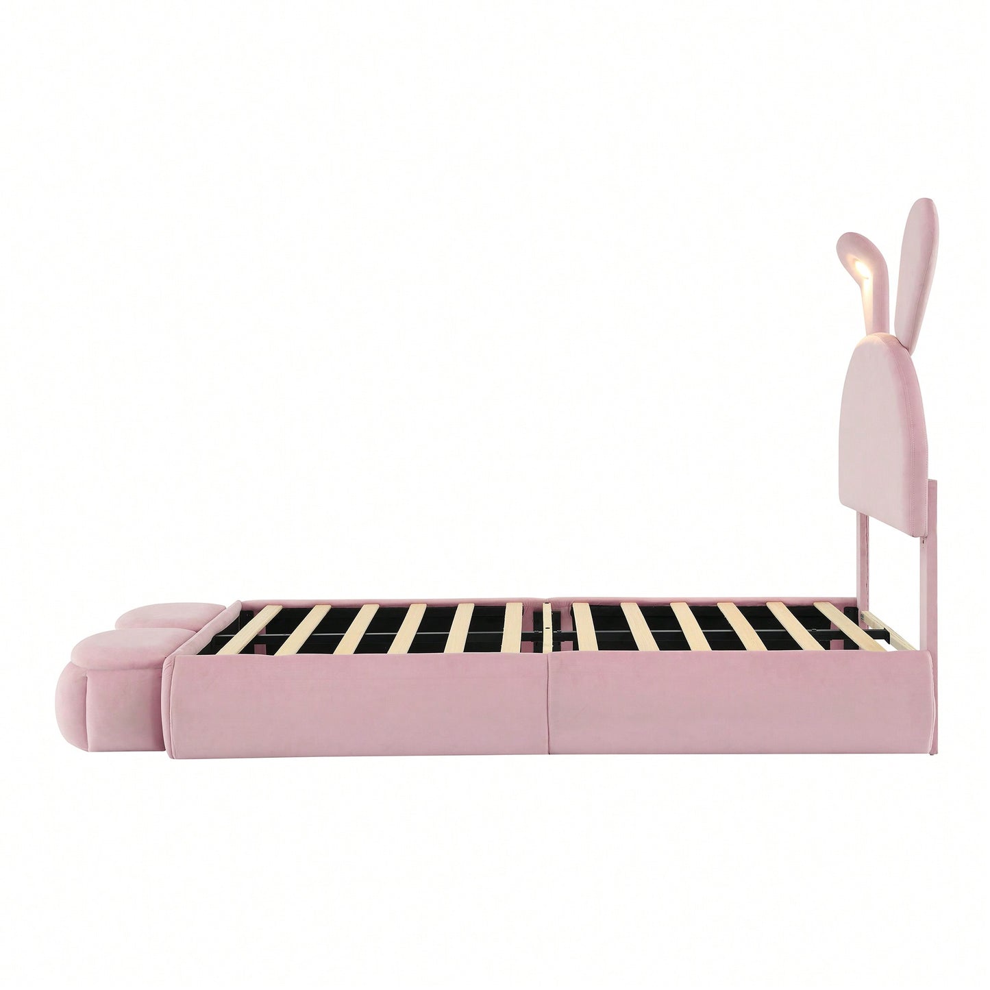 Twin Size Upholstered Platform Bed With Cartoon Ears Headboard And Built-In Light Beige