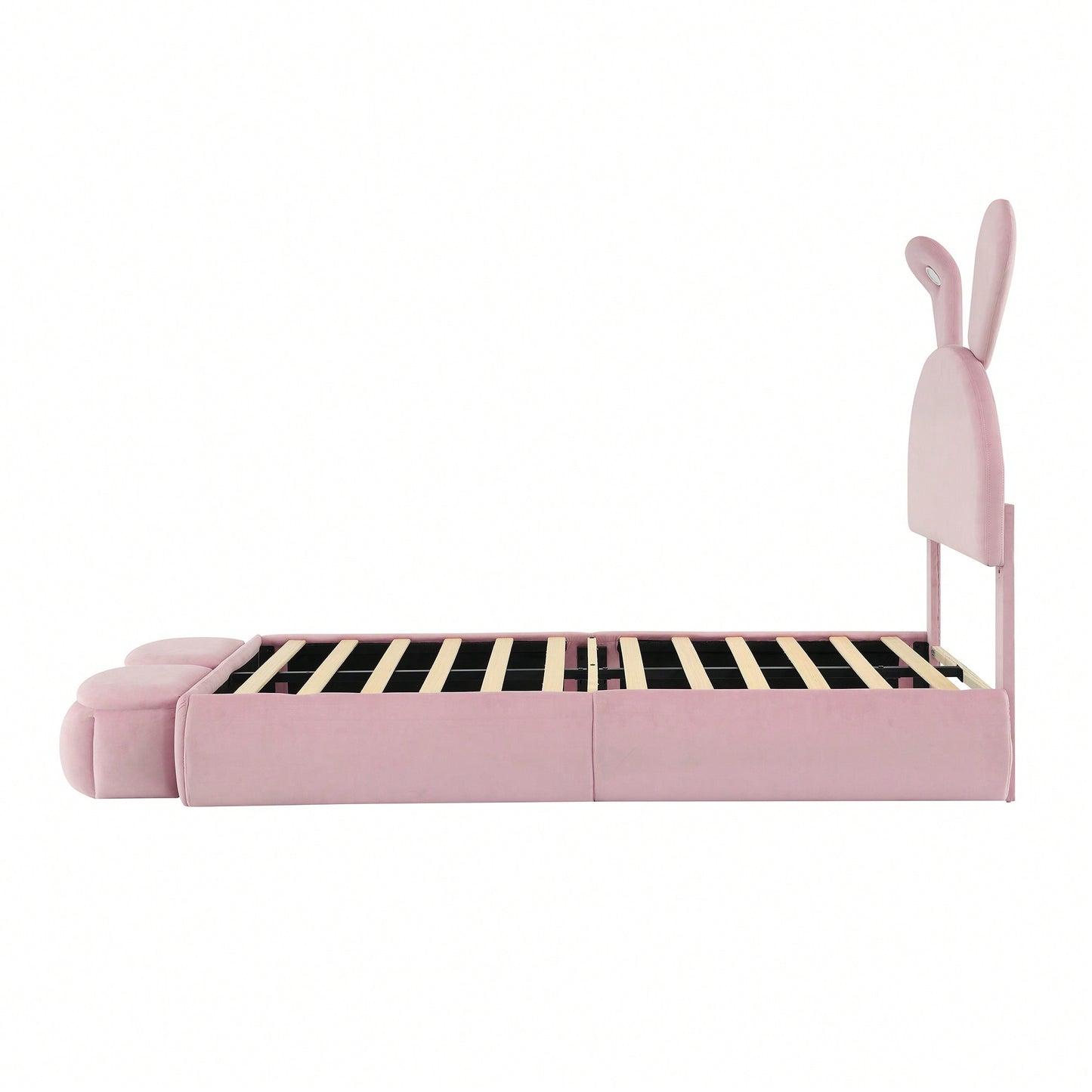 Twin Size Upholstered Platform Bed With Cartoon Ears Headboard And Built-In Light Beige