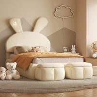 Twin Size Upholstered Platform Bed With Cartoon Ears Headboard And Built-In Light Beige