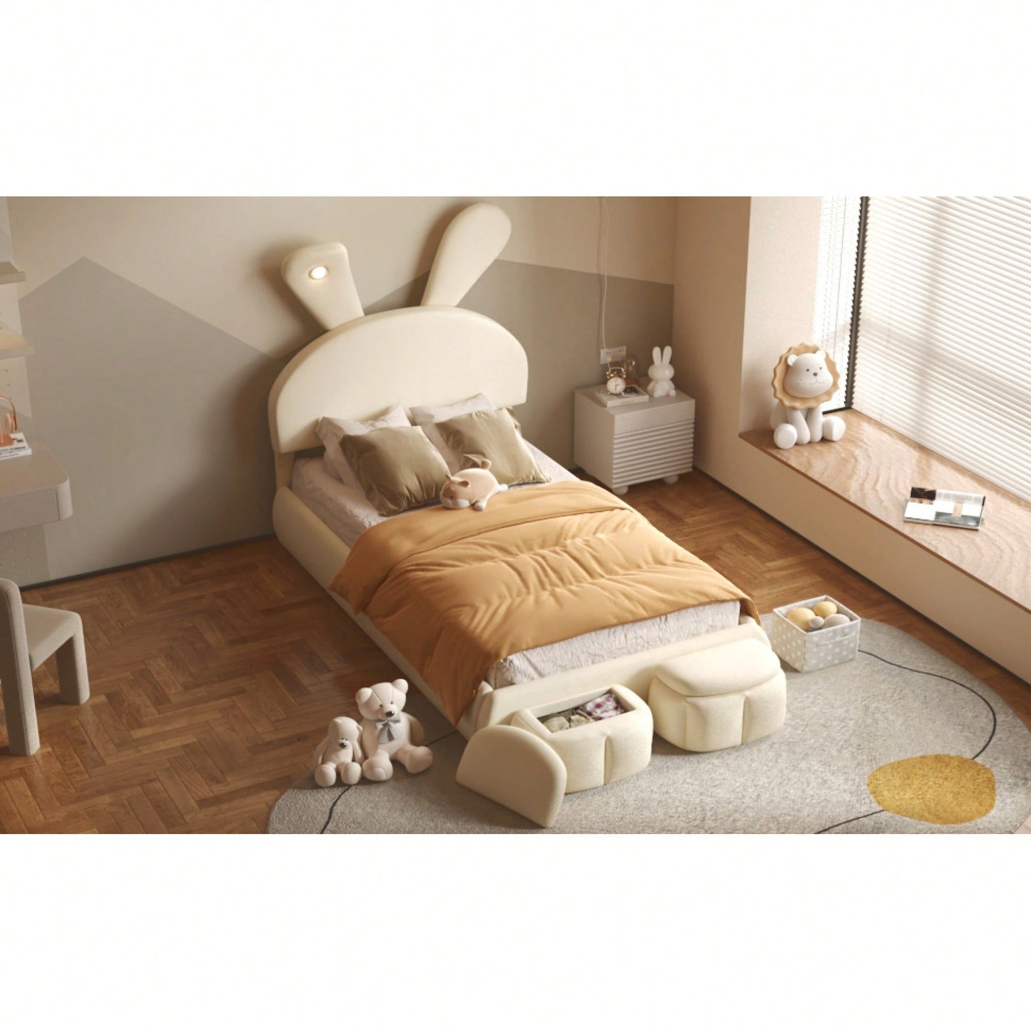 Twin Size Upholstered Platform Bed With Cartoon Ears Headboard And Built-In Light Beige