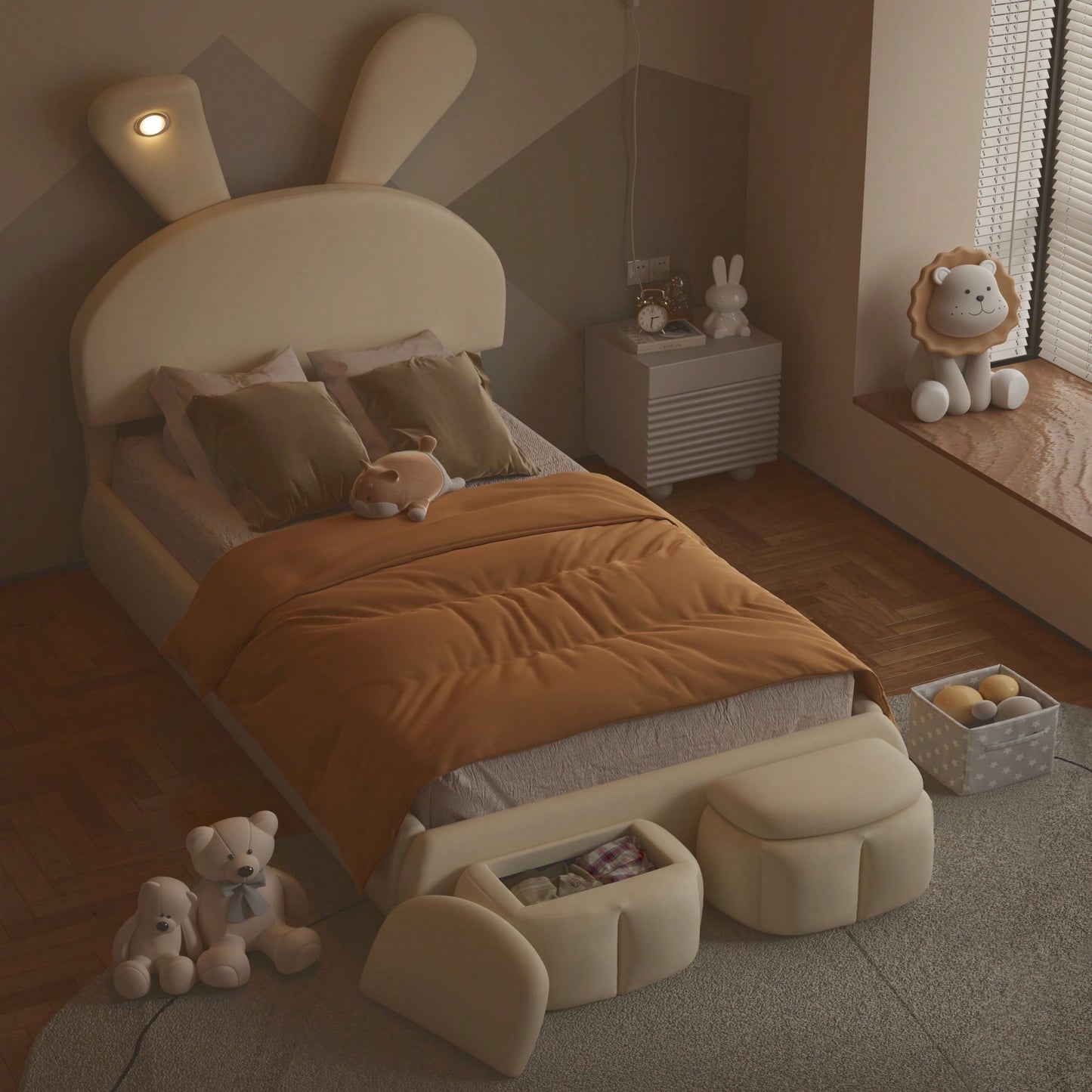 Twin Size Upholstered Platform Bed With Cartoon Ears Headboard And Built-In Light Beige