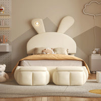 Twin Size Upholstered Platform Bed With Cartoon Ears Headboard And Built-In Light Beige