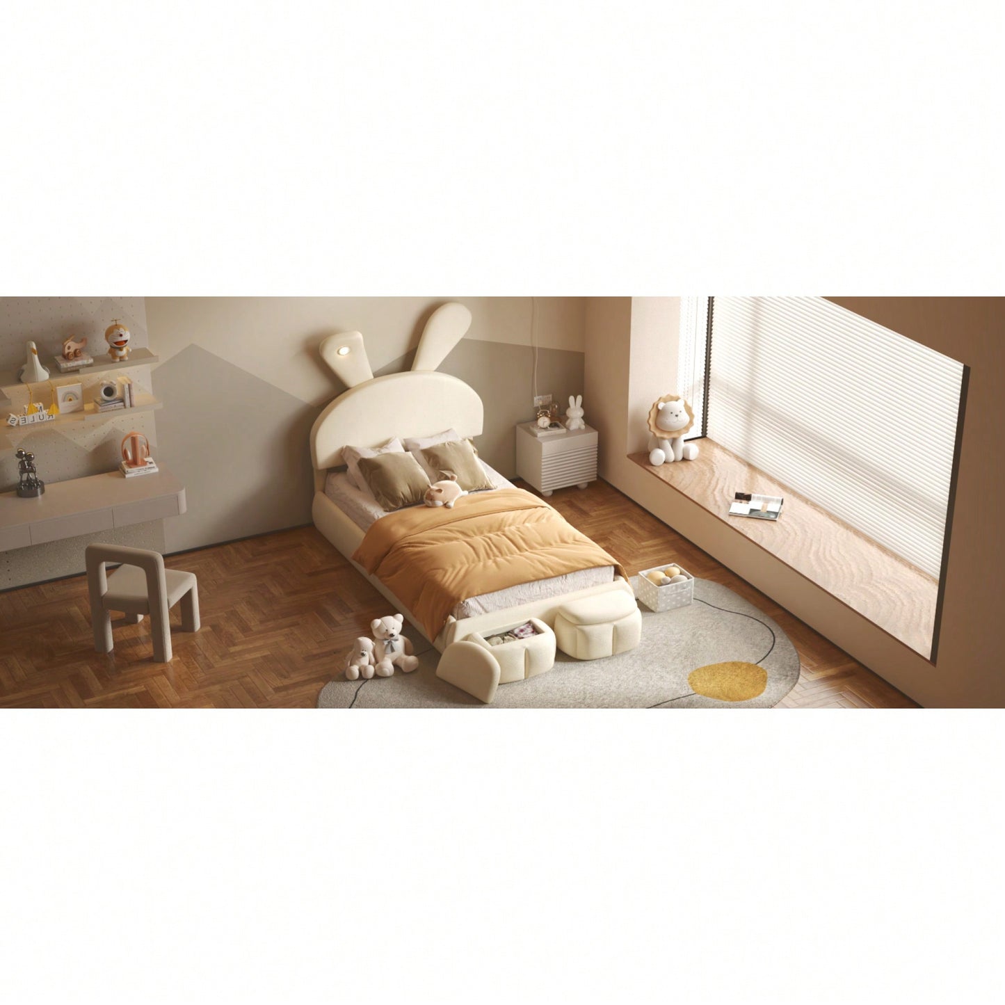 Twin Size Upholstered Platform Bed With Cartoon Ears Headboard And Built-In Light Beige