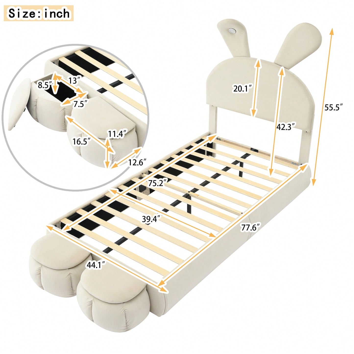 Twin Size Upholstered Platform Bed With Cartoon Ears Headboard And Built-In Light Beige