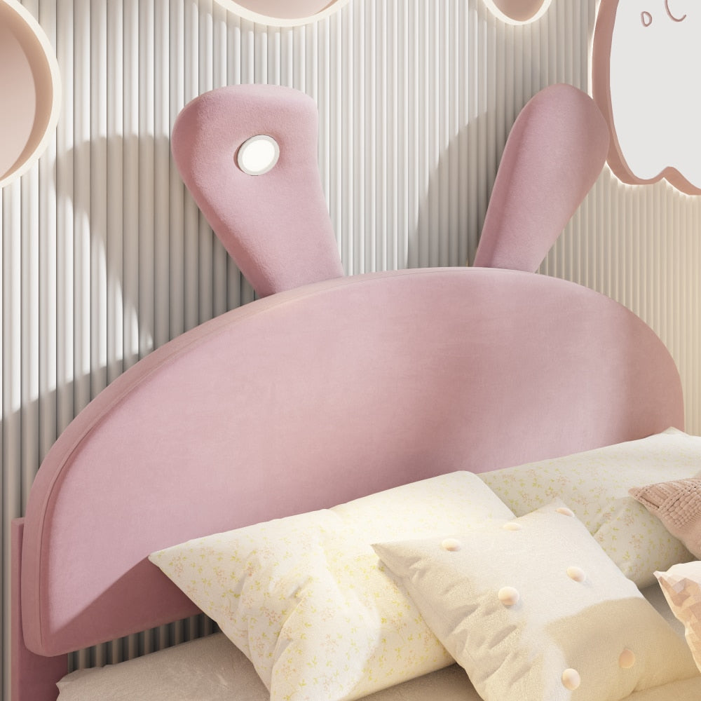 Full Size Upholstered Platform Bed With Cartoon Ears Headboard And Built-In Light In Pink