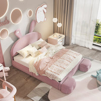 Full Size Upholstered Platform Bed With Cartoon Ears Headboard And Built-In Light In Pink