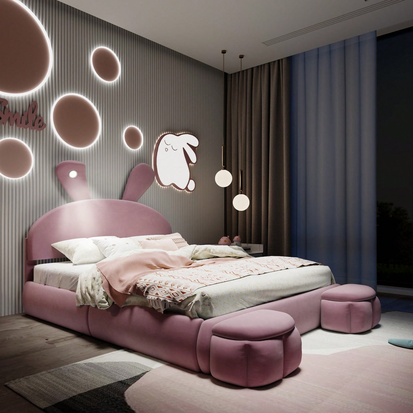 Full Size Upholstered Platform Bed With Cartoon Ears Headboard And Built-In Light In Pink