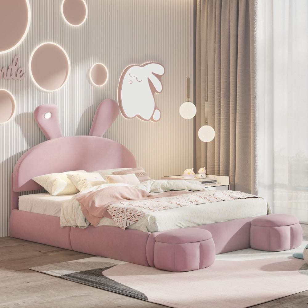 Full Size Upholstered Platform Bed With Cartoon Ears Headboard And Built-In Light In Pink