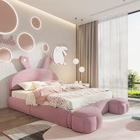 Full Size Upholstered Platform Bed With Cartoon Ears Headboard And Built-In Light In Pink