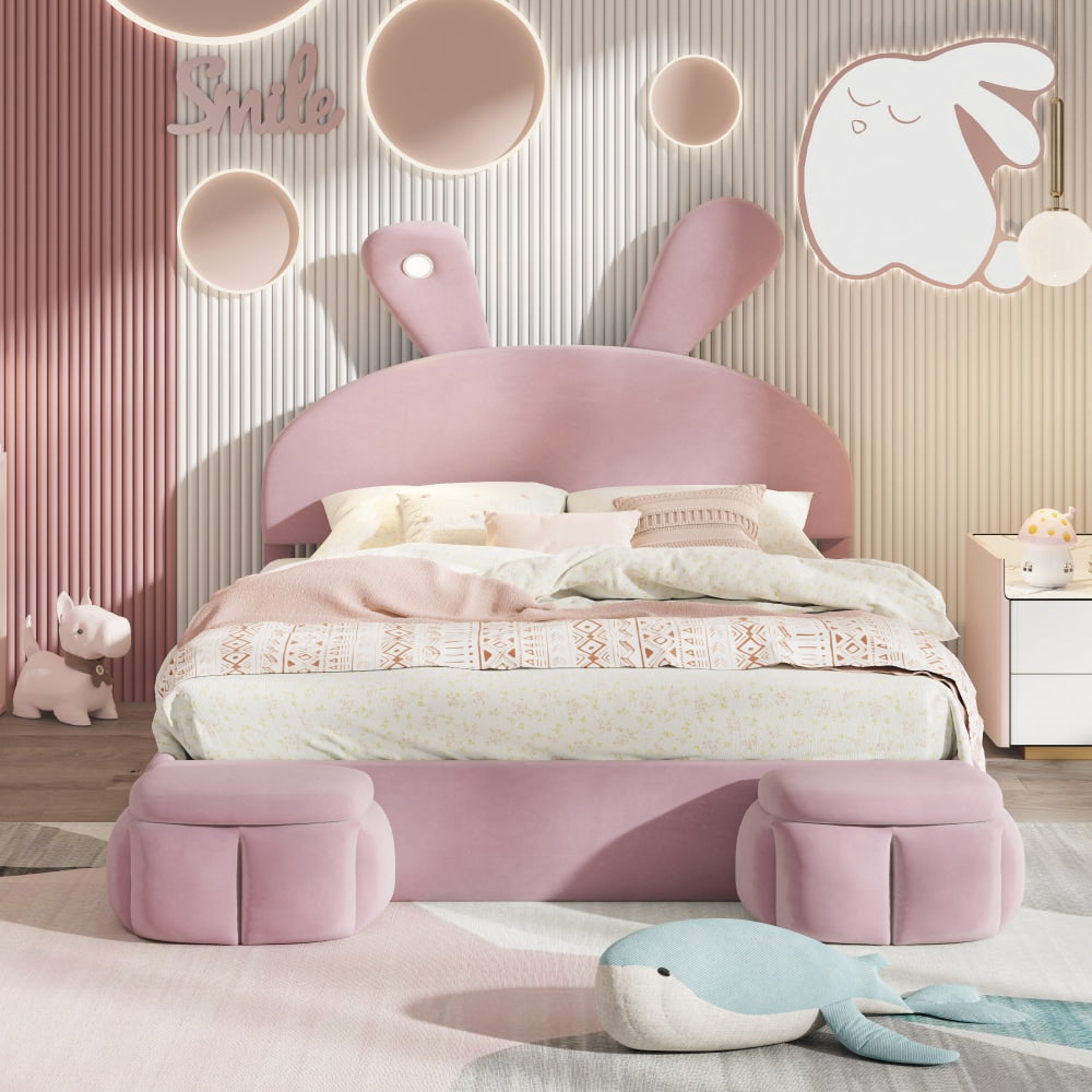 Full Size Upholstered Platform Bed With Cartoon Ears Headboard And Built-In Light In Pink