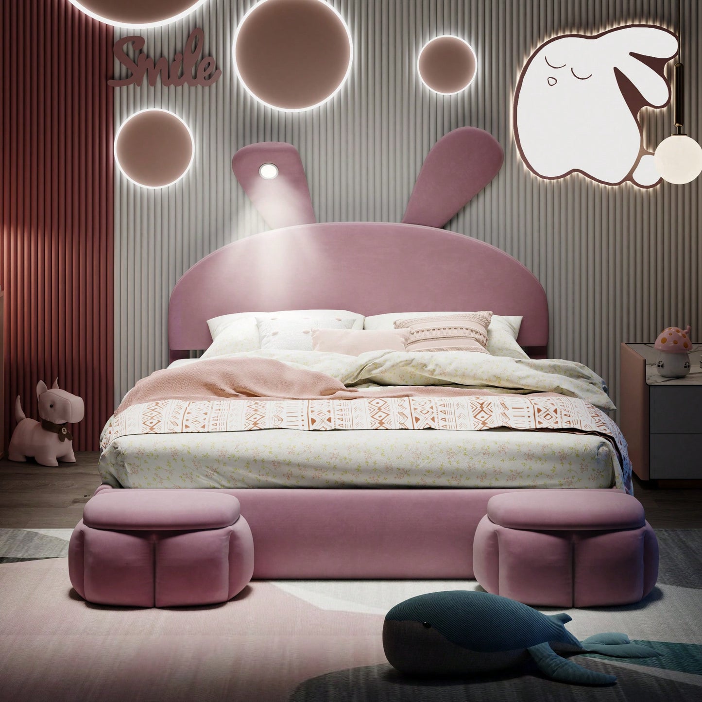 Full Size Upholstered Platform Bed With Cartoon Ears Headboard And Built-In Light In Pink