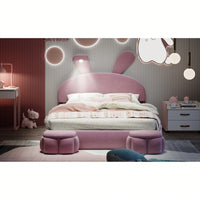 Full Size Upholstered Platform Bed With Cartoon Ears Headboard And Built-In Light In Pink