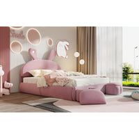 Full Size Upholstered Platform Bed With Cartoon Ears Headboard And Built-In Light In Pink