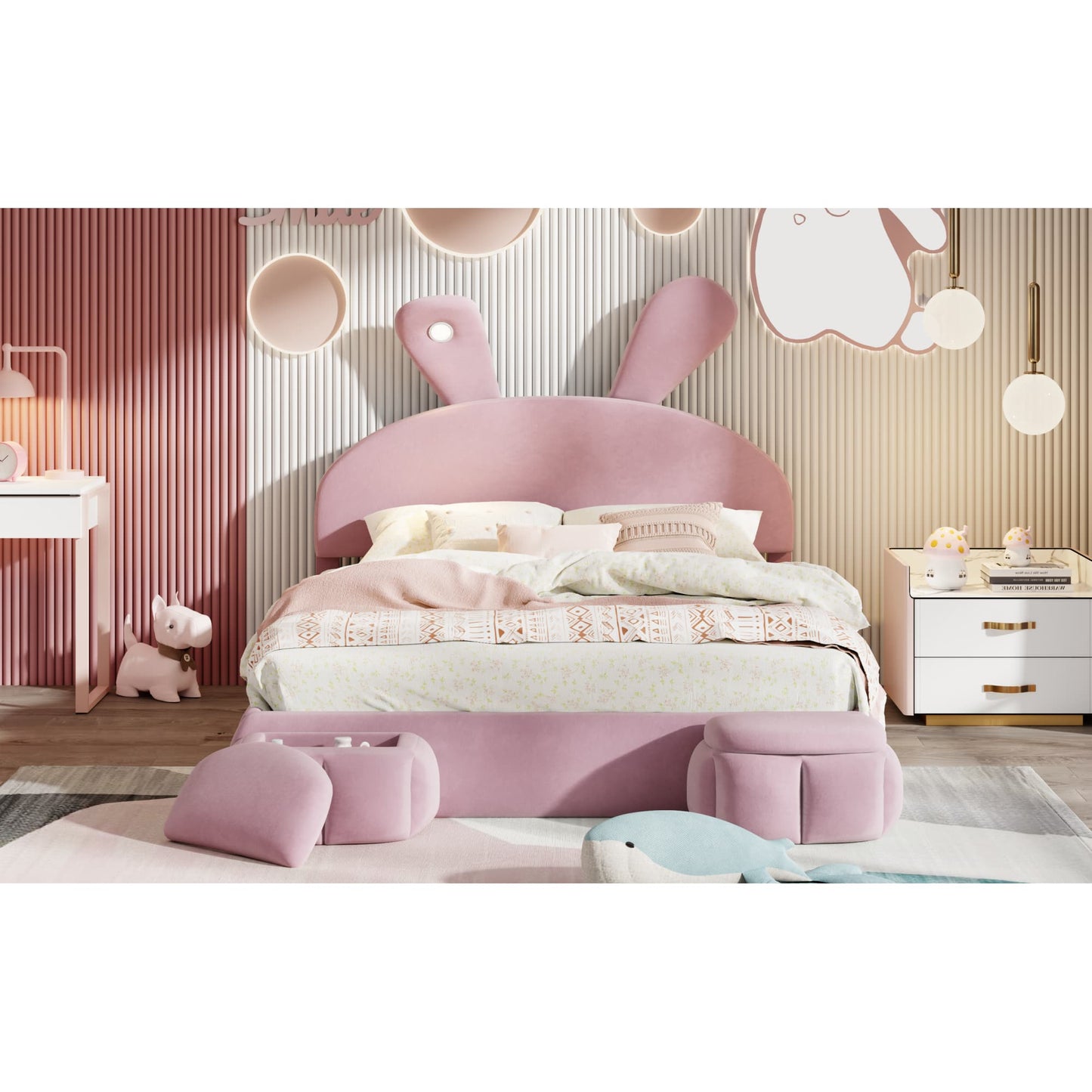 Full Size Upholstered Platform Bed With Cartoon Ears Headboard And Built-In Light In Pink