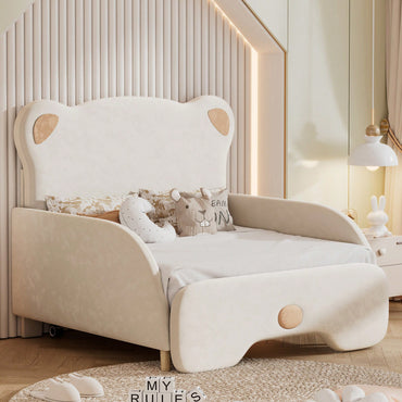 Twin XL Upholstered Stretchable Sofa Bed With Bear Shaped Headboard Beige