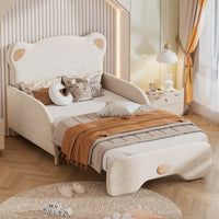 Twin XL Upholstered Stretchable Sofa Bed With Bear Shaped Headboard Beige