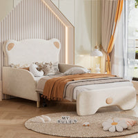 Twin XL Upholstered Stretchable Sofa Bed With Bear Shaped Headboard Beige