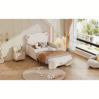 Twin XL Upholstered Stretchable Sofa Bed With Bear Shaped Headboard Beige