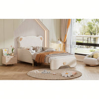 Twin XL Upholstered Stretchable Sofa Bed With Bear Shaped Headboard Beige
