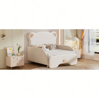 Twin XL Upholstered Stretchable Sofa Bed With Bear Shaped Headboard Beige