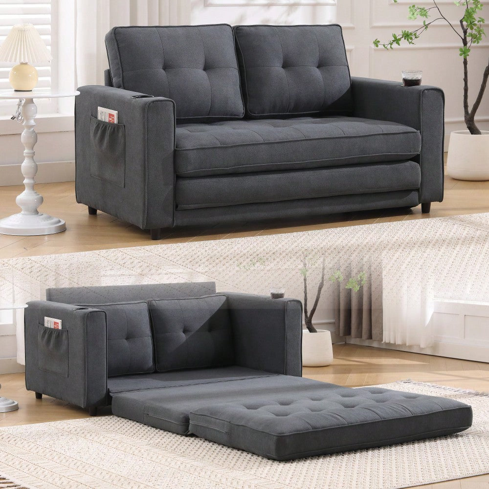 3-In-1 Convertible Upholstered Futon Sofa Bed With Pull Out Sleeper And Side Pockets, Dark Gray Loveseat Daybed With Cup Holder