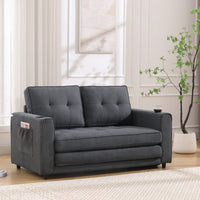 3-In-1 Convertible Upholstered Futon Sofa Bed With Pull Out Sleeper And Side Pockets, Dark Gray Loveseat Daybed With Cup Holder