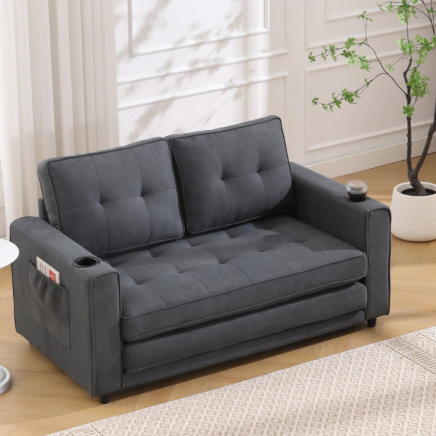 3-In-1 Convertible Upholstered Futon Sofa Bed With Pull Out Sleeper And Side Pockets, Dark Gray Loveseat Daybed With Cup Holder