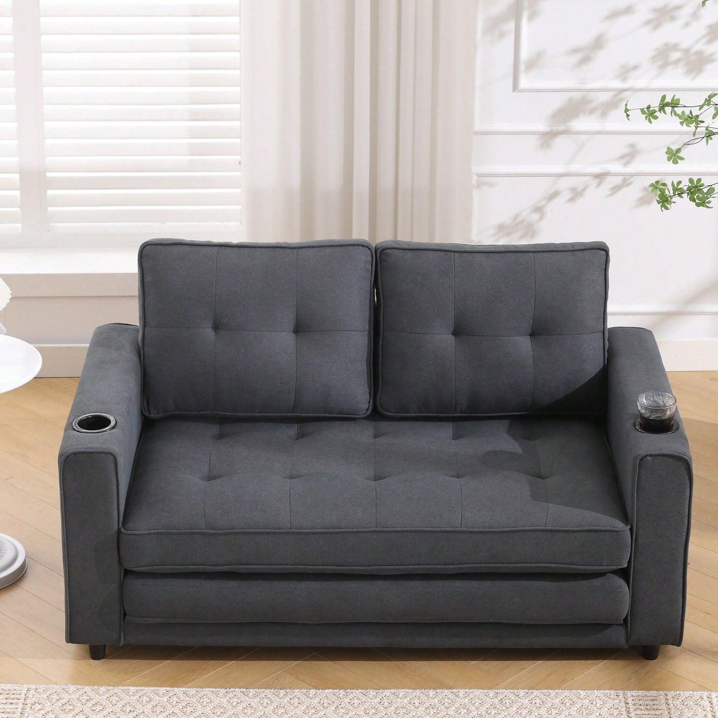 3-In-1 Convertible Upholstered Futon Sofa Bed With Pull Out Sleeper And Side Pockets, Dark Gray Loveseat Daybed With Cup Holder