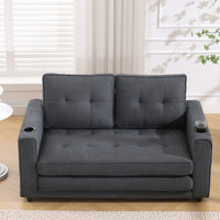 3-In-1 Convertible Upholstered Futon Sofa Bed With Pull Out Sleeper And Side Pockets, Dark Gray Loveseat Daybed With Cup Holder