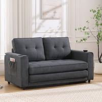 3-In-1 Convertible Upholstered Futon Sofa Bed With Pull Out Sleeper And Side Pockets, Dark Gray Loveseat Daybed With Cup Holder