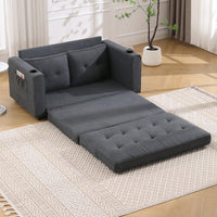 3-In-1 Convertible Upholstered Futon Sofa Bed With Pull Out Sleeper And Side Pockets, Dark Gray Loveseat Daybed With Cup Holder