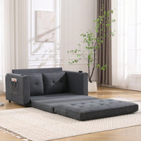 3-In-1 Convertible Upholstered Futon Sofa Bed With Pull Out Sleeper And Side Pockets, Dark Gray Loveseat Daybed With Cup Holder