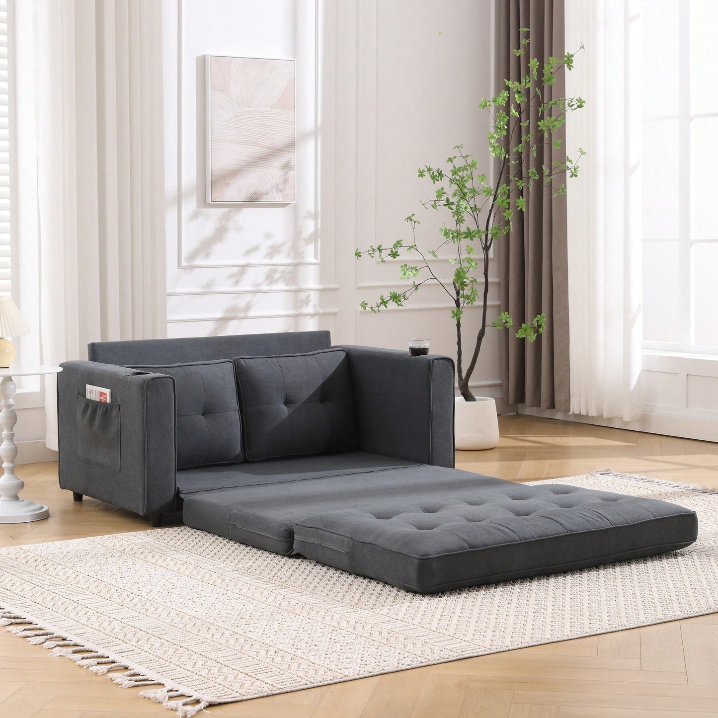 3-In-1 Convertible Upholstered Futon Sofa Bed With Pull Out Sleeper And Side Pockets, Dark Gray Loveseat Daybed With Cup Holder