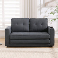 3-In-1 Convertible Upholstered Futon Sofa Bed With Pull Out Sleeper And Side Pockets, Dark Gray Loveseat Daybed With Cup Holder