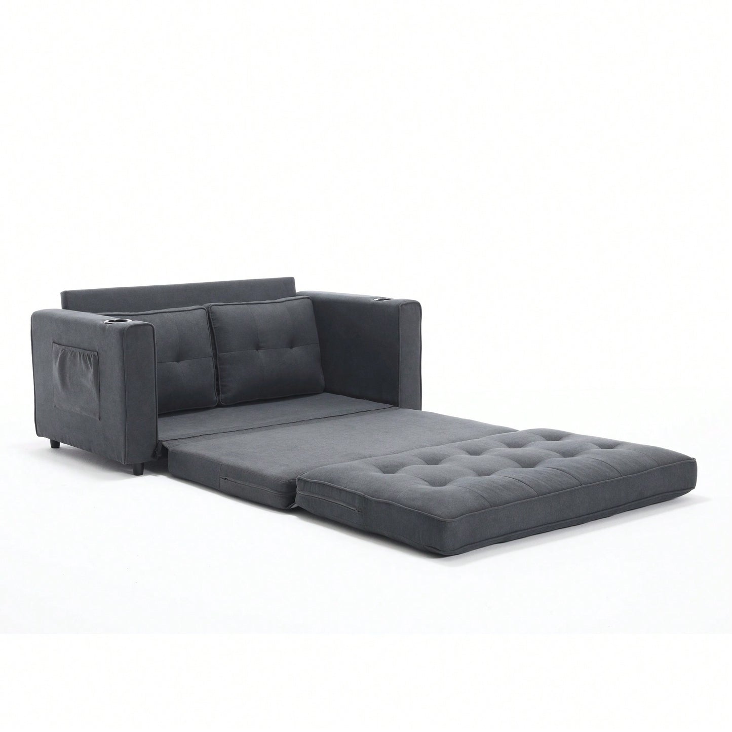 3-In-1 Convertible Upholstered Futon Sofa Bed With Pull Out Sleeper And Side Pockets, Dark Gray Loveseat Daybed With Cup Holder