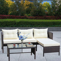 3 Piece Wicker Rattan Outdoor Patio Conversation Set With Beige Seat Cushions