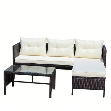 3 Piece Wicker Rattan Outdoor Patio Conversation Set With Beige Seat Cushions