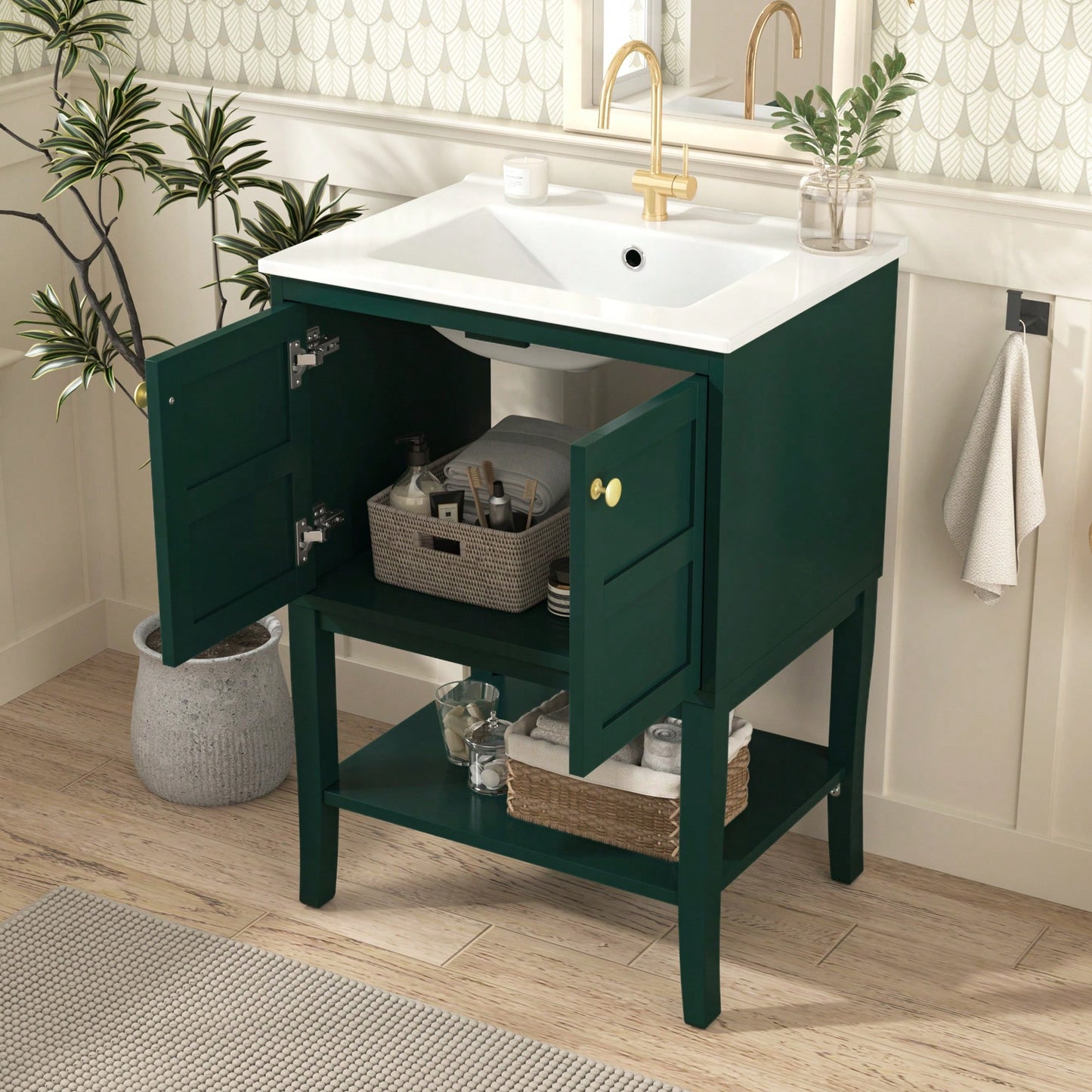 Modern 24 Inch Bathroom Vanity With Sink Top And Storage Cabinet, Stylish Single Sink Unit With 2 Doors For Efficient Bathroom Organization