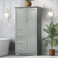 Spacious Grey Storage Cabinet With Doors And Three Drawers For Bathroom Or Office Organization