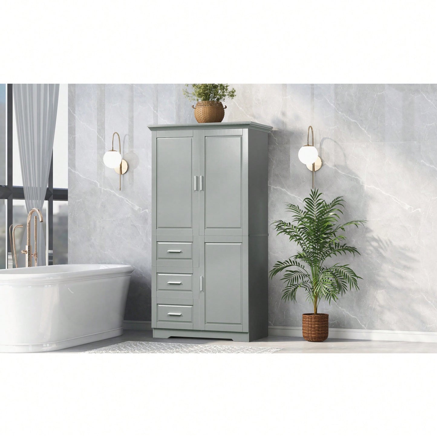 Spacious Grey Storage Cabinet With Doors And Three Drawers For Bathroom Or Office Organization