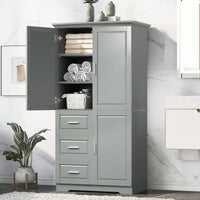 Spacious Grey Storage Cabinet With Doors And Three Drawers For Bathroom Or Office Organization