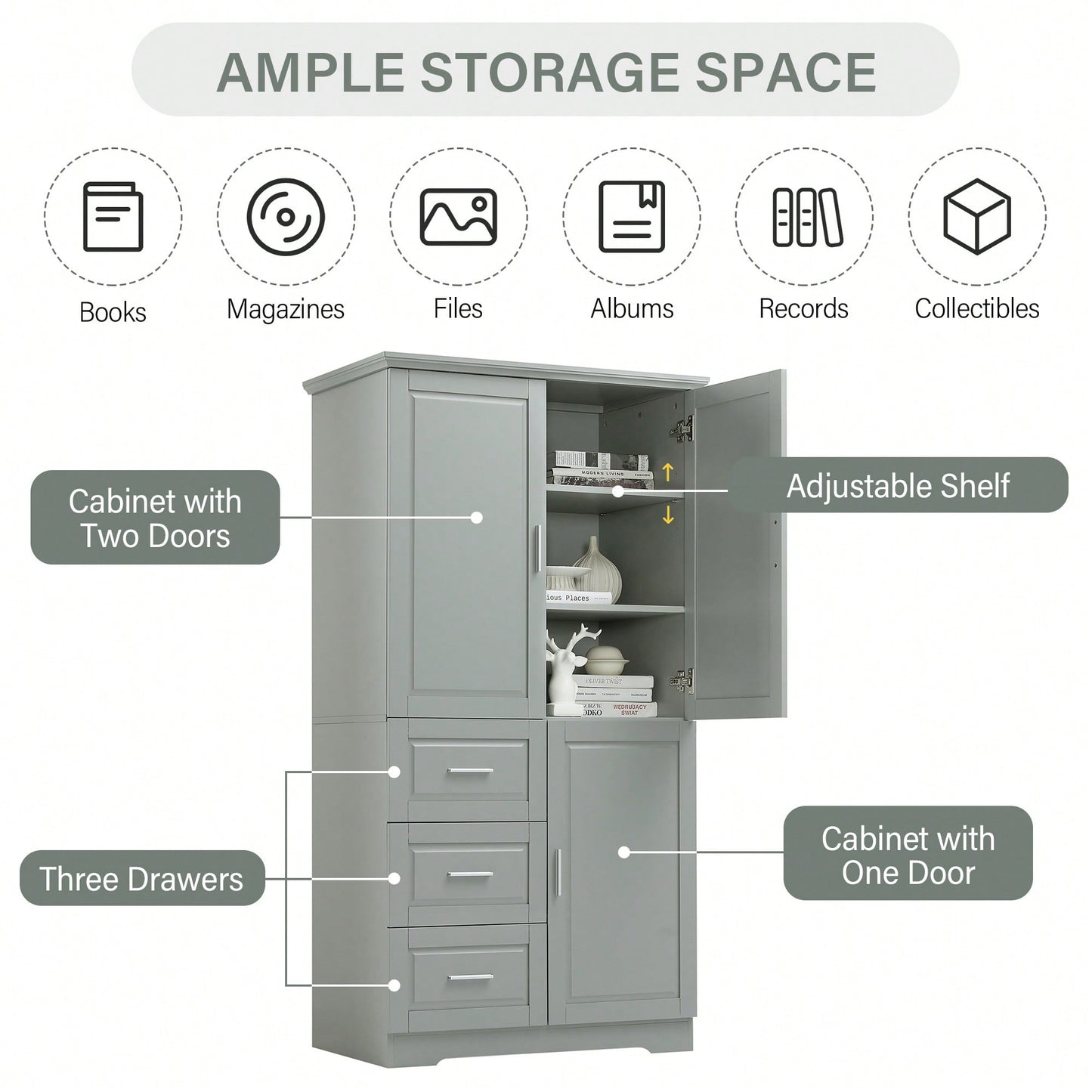 Spacious Grey Storage Cabinet With Doors And Three Drawers For Bathroom Or Office Organization