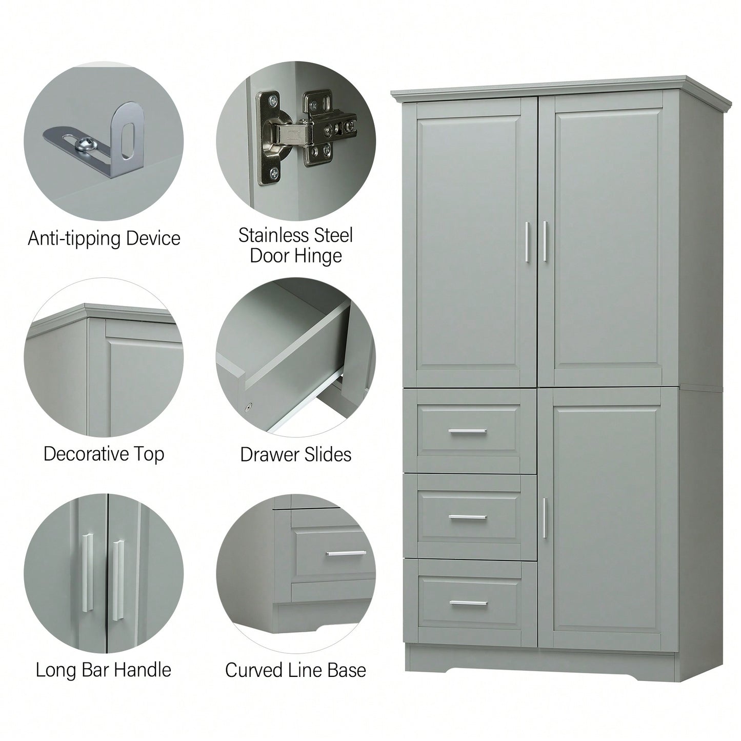 Spacious Grey Storage Cabinet With Doors And Three Drawers For Bathroom Or Office Organization