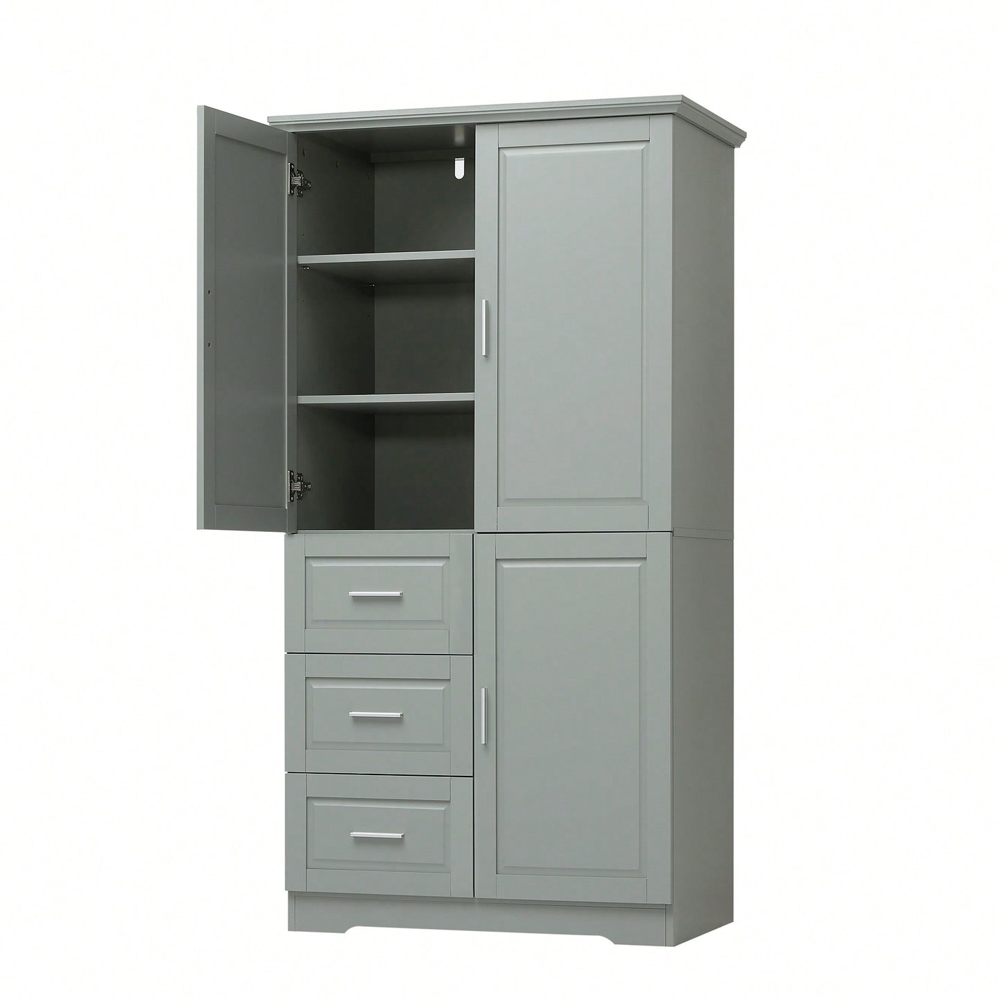 Spacious Grey Storage Cabinet With Doors And Three Drawers For Bathroom Or Office Organization