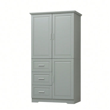 Spacious Grey Storage Cabinet With Doors And Three Drawers For Bathroom Or Office Organization